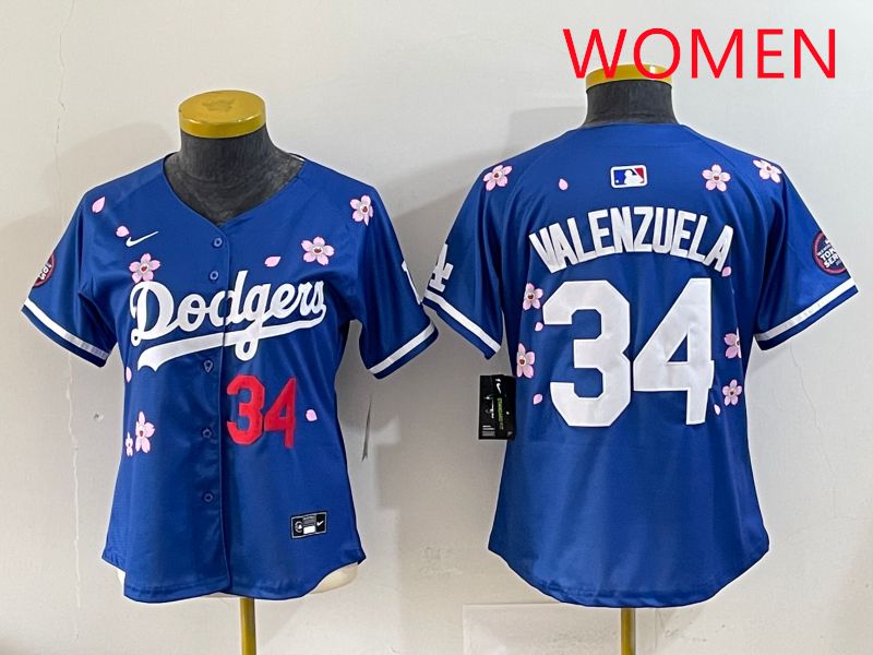 Women Los Angeles Dodgers 34 Valenzuela Blue Sakura Edition 2025 Nike MLB Jersey style 34